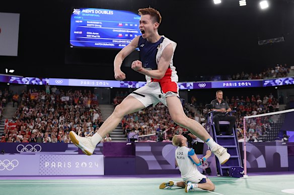 Wooi Yik Soh of Malaysia reacts after the men’s doubles badminton quarter-final match against India.