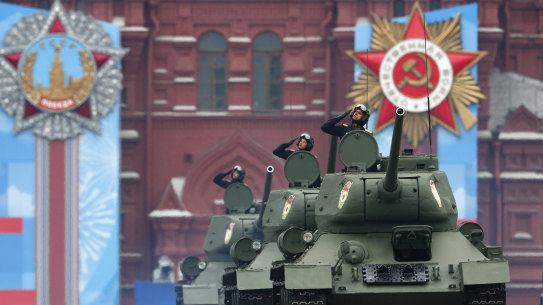Soviet tanks T-34 roll in Red Square during the Victory Day military parade in Moscow, Russia, Sunday, May 9, 2021, marking the 76th anniversary of the end of World War II in Europe.