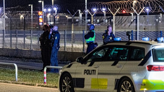 Danish police patrol at Copenhagen Airport on Monday.