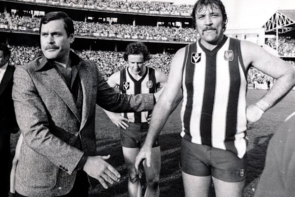 Coach of North Melbourne Barassi consols Mick Nolan after losing the premiership to the Hawks in 1978.