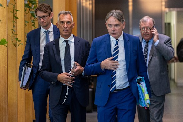 Antony Catalano with his lawyers Dermot Dann KC and Tony Hargraves at Melbourne Magistrates court.