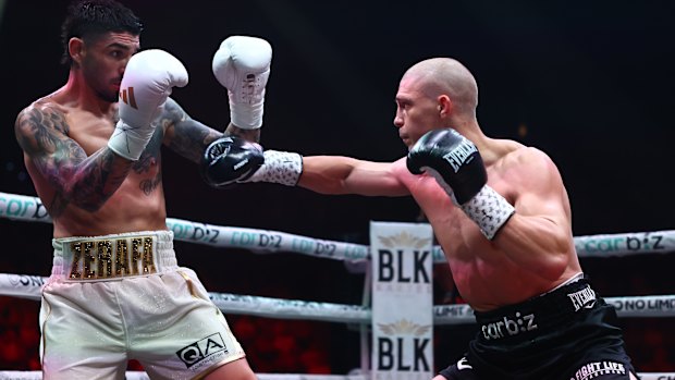 Michael Zerafa (left) and Nikita Tszyu clash in Brisbane.