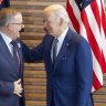 Joe Biden greets Anthony Albanese with quip about quick arrival at international meeting