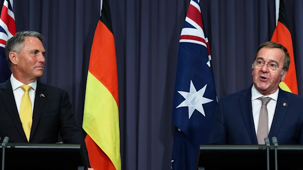 Defence Minister Richard Marles (left) with his German counterpart, Boris Pistorius, during a joint press conference at Parliament House on Thursday.