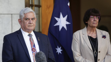 Minister for Indigenous Australians Ken Wyatt and CEO of the National Aboriginal Community Controlled Health Organisation Pat Turner during a press conference at Parliament House in Canberra.