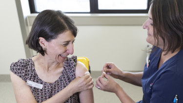 NSW Premier Gladys Berejiklian receives the AstraZeneca vaccine at Sydney’s St George Hospital this week. 