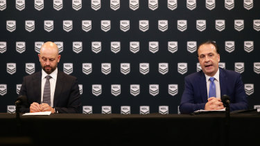 NRL chief Todd Greenberg and ARLC chairman Peter V'landys announce the indefinite suspension of the season.