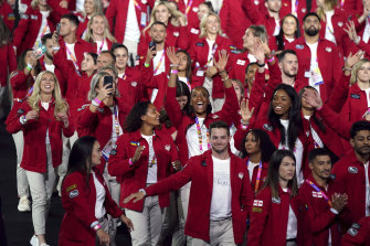 Team England parade during the opening ceremony of the Commo<em></em>nwealth Games in customisable uniforms by Community Clothing.