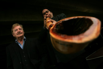 William Barton with the late Peter Sculthorpe in 2005; the composer created a number of works for the musician.
