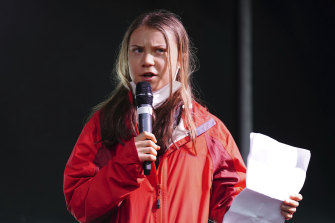 Greta Thunberg addresses protesters outside the climate summit in Glasgow on Friday, local time.