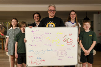 Rob Wallace and his five children, who will use a white board to track their home visits.