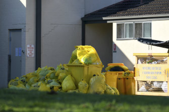 Used PPE and other waste piles up outside St Basilâ€™s in Fawkner at the height of last yearâ€™s deadly outbreak.