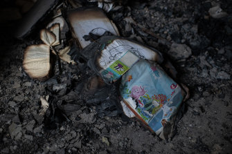 Children's books seen inside a heavily damaged apartment building on May 28, 2022 in Chernihiv, Ukraine.