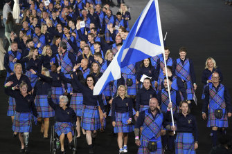 Team Scotland is immediately recognisable as they parade during the opening ceremony of the Commonwealth Games at the Alexander Stadium in Birmingham, 