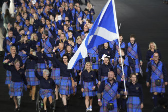 Team Scotland is immediately recognisable as they parade during the opening ceremony of the Commo<em></em>nwealth Games at the Alexander Stadium in Birmingham, 