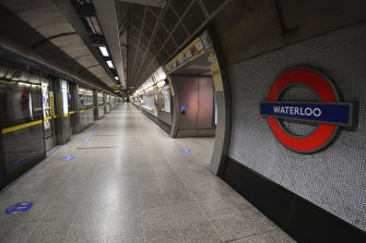 An empty platform at Waterloo underground station, during what would normally be the peak morning rush hour.