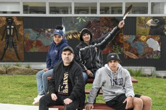 Left to right at back, Lisa Thorpe, who was a Northland Secondary College student in 1992 and her father Robbie Thorpe, and, front, Alister Thorpe and his son, Willun. 