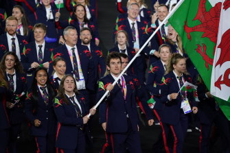 Geraint Thomas of Team Wales leads the uniform parade from Julien Macdonald during the opening ceremony of the Commonwealth Games at Alexander Stadium