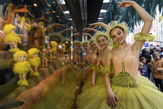 Myer’s 2019 display, based around the May Gibbs <i>Snugglepot and Cuddlepie</i> books. Australian Ballet School dancers performed, from right Pamerla Barnes, Hannah Sergi, Maidie Widmer and Lille Harvey.
