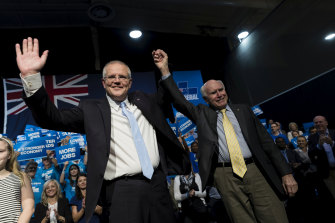 Prime Minister Scott Morison with his predecessor John Howard at a Liberal Party rally in 2019.