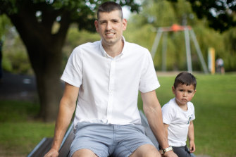 David Locco with his son Quentin. Mr Locco is âon the fenceâ about returning to office-based work.