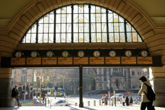 An unrecognisably deserted Flinders Street Station.