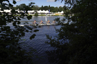 A rowing crew on the River Thames on the opening day of the 2021 Henley Royal Regatta.