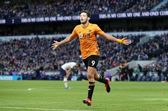 Raul Jimenez celebrates scoring for Wolverhampton Wanderers.