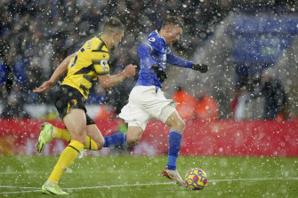 Jamie Vardy was on form for Leicester, despite the weather.