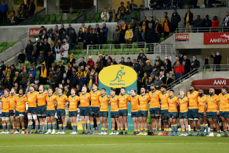 The Wallabies line up for the national anthem before  the International Test match between the Australian Wallabies and France at AAMI Park on July 13.