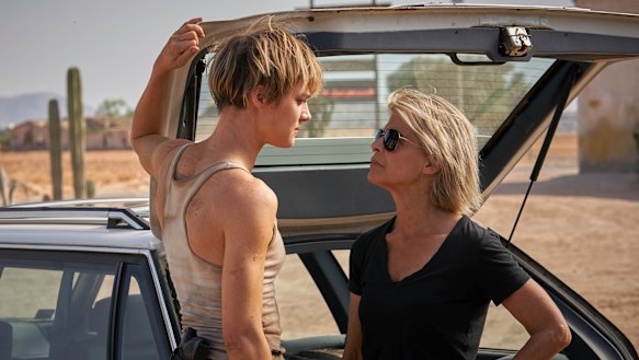 Mackenzie Davis (left) and Linda Hamilton face off in Terminator: Dark Fate. 