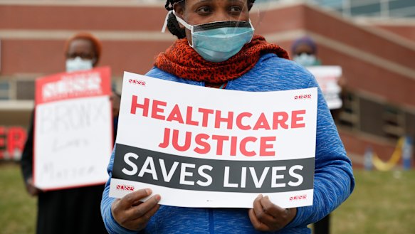 Rehabilitation nurse Edith Ihejirika outside Jacobi Medical Centre in the Bronx. Nurses demanded adequate Personal Protective Equipment.
