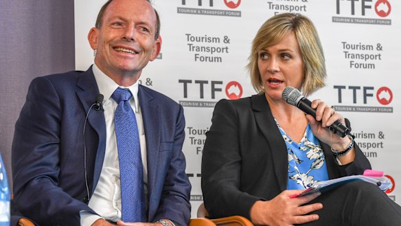 Tony Abbott with independent Warringah challenger and climate action advocate Zali Steggall at a forum last week. 
