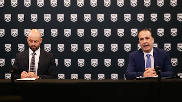 NRL chief Todd Greenberg and ARLC chairman Peter V'landys announce the indefinite suspension of the season.