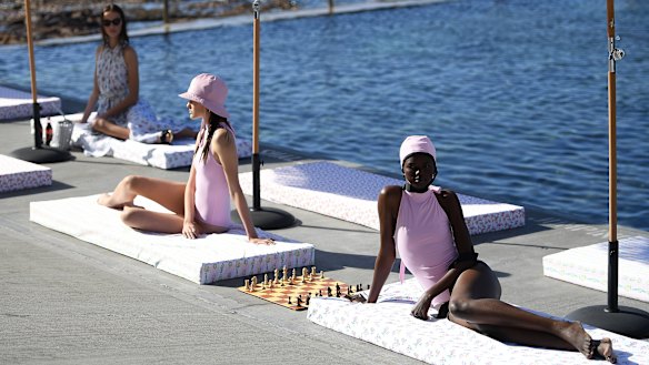 Models showcase the Emilia Wickstead x Matchesfashion.com collection at Wylie's Baths at Coogee during Mercedes-Benz Fashion Week Australia.