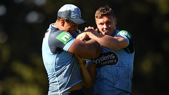 Raring to go: Jack Wighton and Latrell Mitchell at NSW training on Friday.