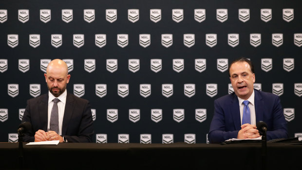 NRL chief Todd Greenberg and ARLC chairman Peter V'landys announce the indefinite suspension of the season.