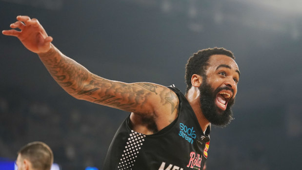 Stanton Kidd celebrates Thursday night's win over Cairns, which kept Melbourne United's finals chances alive.