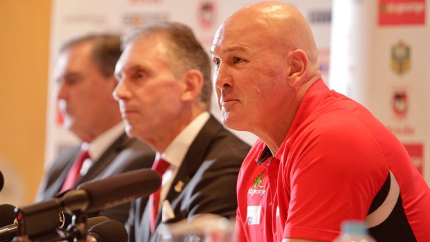 Brains trust: Outgoing St George Illawarra Dragons chief executive Peter Doust, new boss Brian Johnston and coach Paul McGregor.