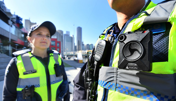A body-worn camera on a police officer.