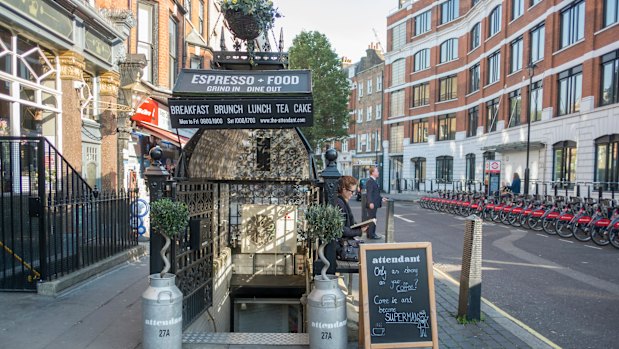 Entrance to The Attendant cafe in Foley Street, London. 