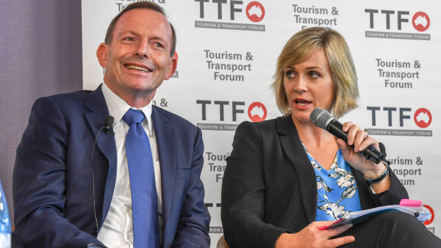 Tony Abbott with independent Warringah challenger Zali Steggall at a forum last month.