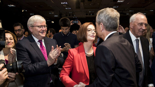 Bill Shorten welcomes former Labor PMs Kevin Rudd, Julia Gillard and Paul Keating at the Labor launch on Sunday.