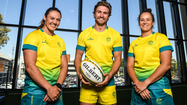 Chuffed: Australian sevens representatives (L-R) Sharni Williams, Lewis Holland and Shannon Parry before the Commonwealth Games in April.