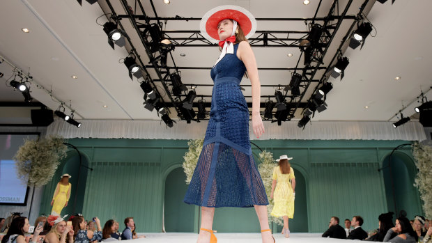 A model on the runway in The Atrium at Flemington Racecourse in 2017. 