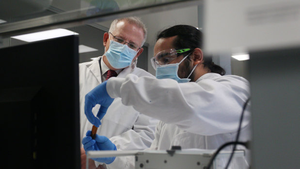 Prime Minister Scott Morrison at the Sydney lab of British pharmaceutical giant AstraZeneca last week. 
