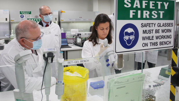 Prime Minister Scott Morrison at AstraZeneca's laboratory in Sydney last month.