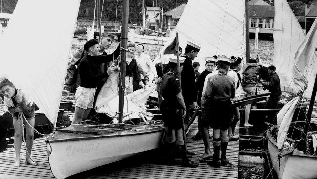 Members of the Sea Scouts prepare for their annual regatta at Mosman Rowing Club in 1959. 