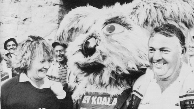 Eileen and Alan Bond ham it up at Newport with Kev the Koala at the America's Cup. 