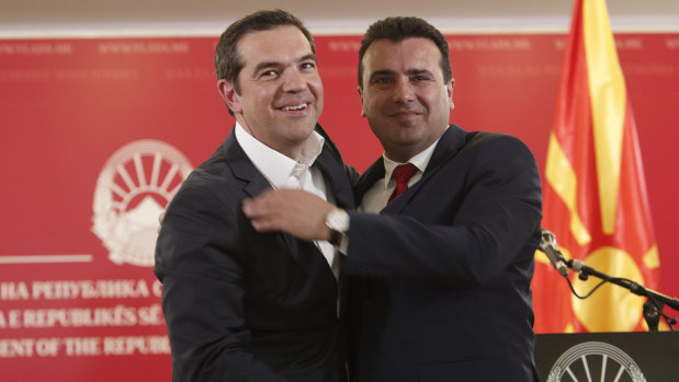 Tsipras and Zaev hugged during a news conference after their historic agreement.
